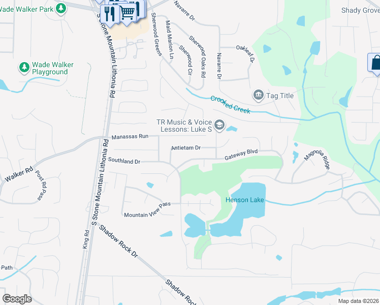 map of restaurants, bars, coffee shops, grocery stores, and more near 626 Antietam Drive in Stone Mountain