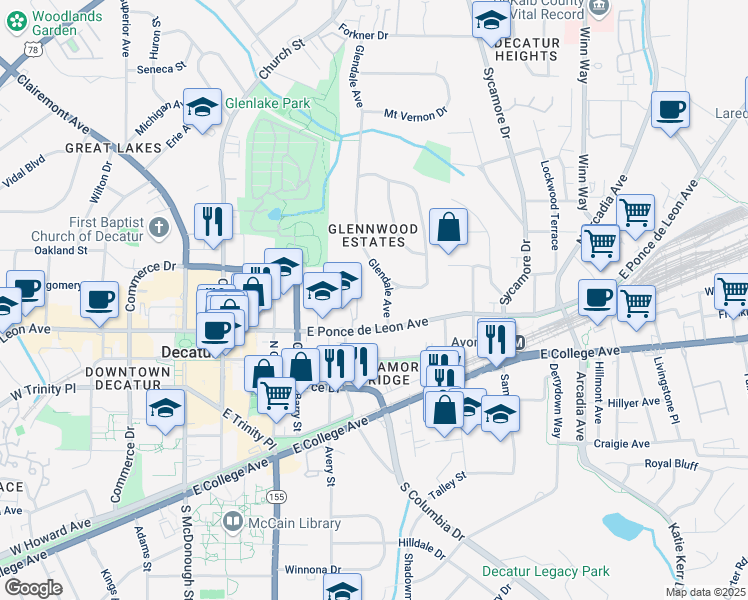 map of restaurants, bars, coffee shops, grocery stores, and more near 140 Glendale Avenue in Decatur