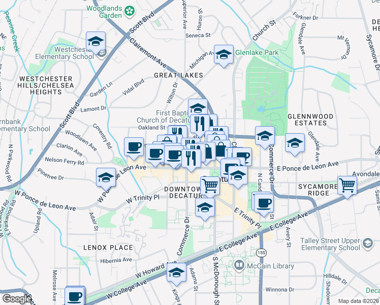 map of restaurants, bars, coffee shops, grocery stores, and more near 201 West Ponce de Leon Avenue in Decatur
