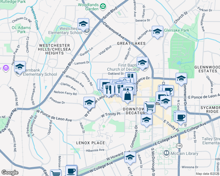 map of restaurants, bars, coffee shops, grocery stores, and more near 128 Fairview Avenue in Decatur