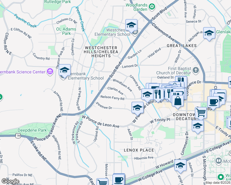 map of restaurants, bars, coffee shops, grocery stores, and more near 218 Clarion Avenue in Decatur