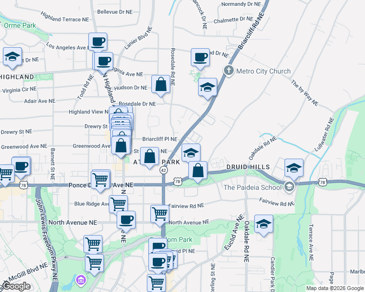map of restaurants, bars, coffee shops, grocery stores, and more near in Atlanta