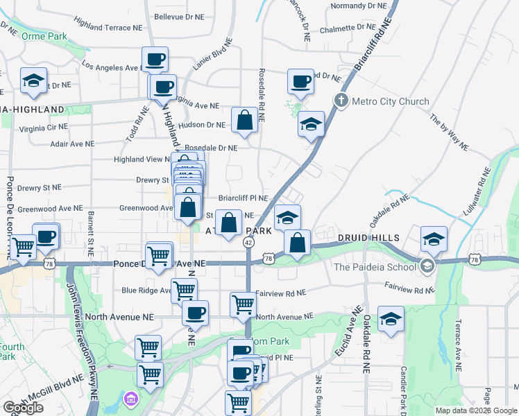 map of restaurants, bars, coffee shops, grocery stores, and more near 806 Briarcliff Road Northeast in Atlanta