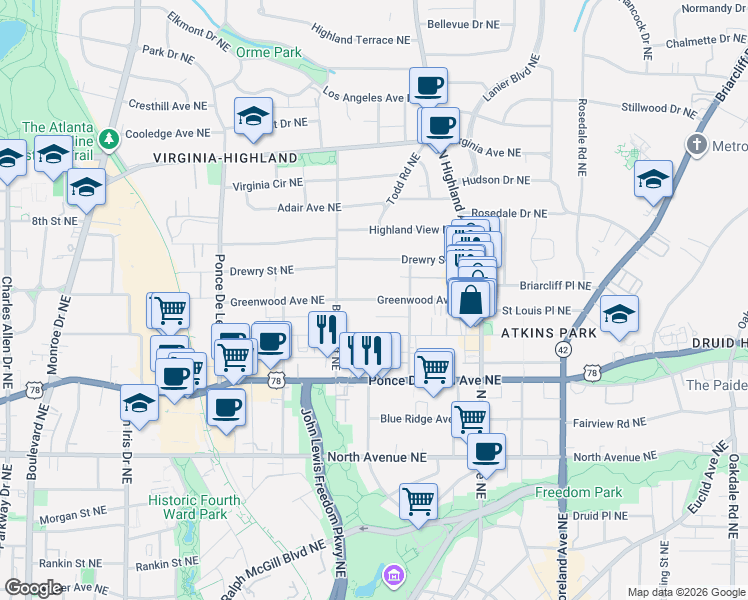 map of restaurants, bars, coffee shops, grocery stores, and more near 926 Greenwood Avenue Northeast in Atlanta