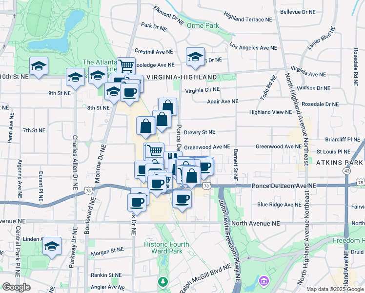 map of restaurants, bars, coffee shops, grocery stores, and more near 811 Ponce De Leon Place Northeast in Atlanta