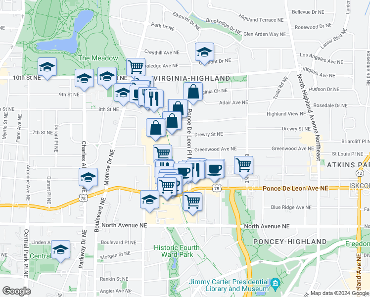 map of restaurants, bars, coffee shops, grocery stores, and more near 805 Highland Green Way Northeast in Atlanta