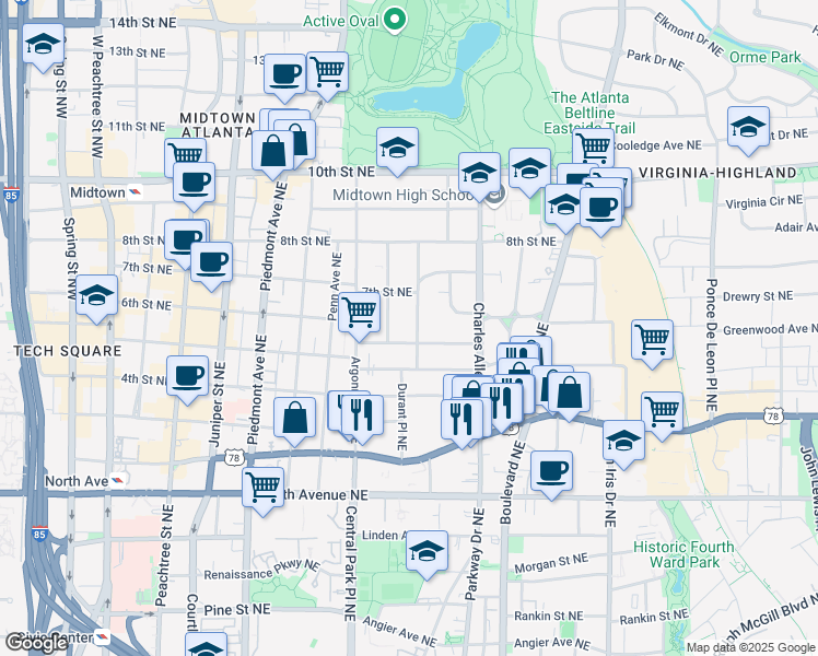 map of restaurants, bars, coffee shops, grocery stores, and more near 821-819 Durant Place Northeast in Atlanta