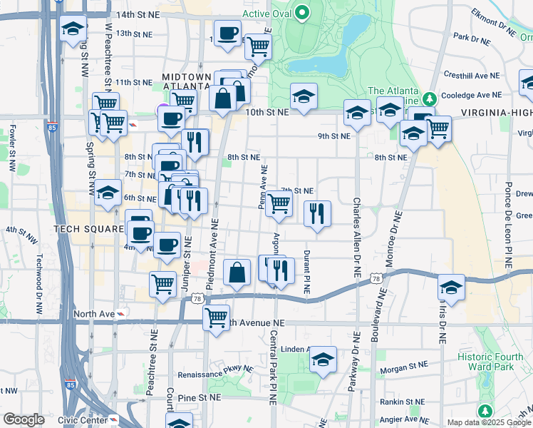 map of restaurants, bars, coffee shops, grocery stores, and more near 822 Argonne Avenue Northeast in Atlanta