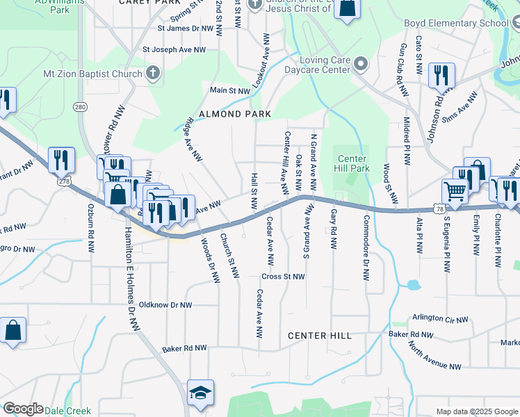 map of restaurants, bars, coffee shops, grocery stores, and more near 2451 U.S. 78 in Atlanta