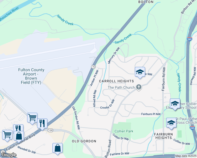 map of restaurants, bars, coffee shops, grocery stores, and more near 843 Alfred Road Northwest in Atlanta