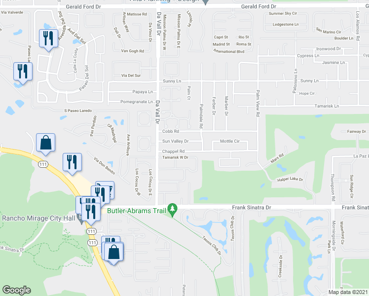 map of restaurants, bars, coffee shops, grocery stores, and more near 70130 Chappel Road in Rancho Mirage