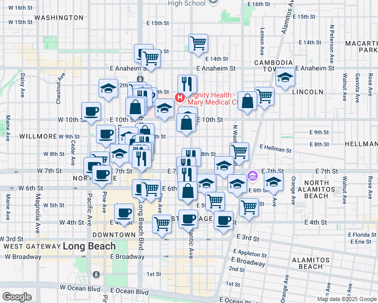 map of restaurants, bars, coffee shops, grocery stores, and more near 801 Atlantic Avenue in Long Beach