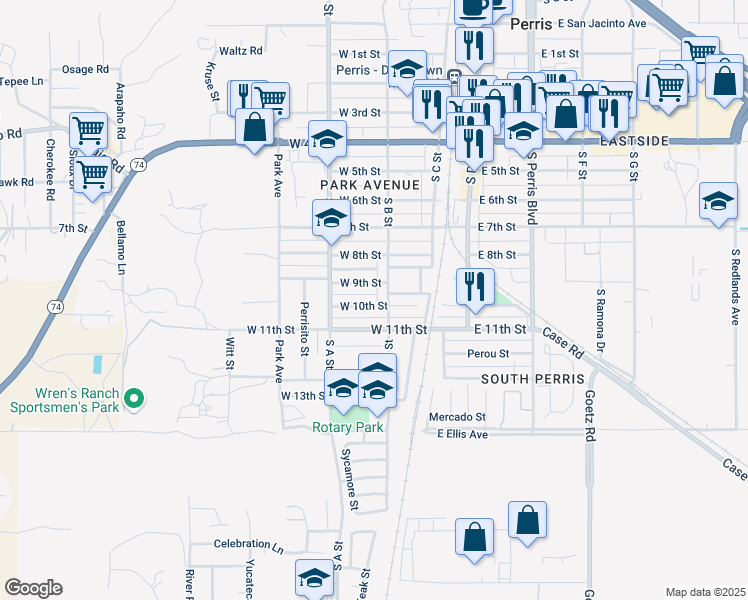 map of restaurants, bars, coffee shops, grocery stores, and more near 318 West 10th Street in Perris
