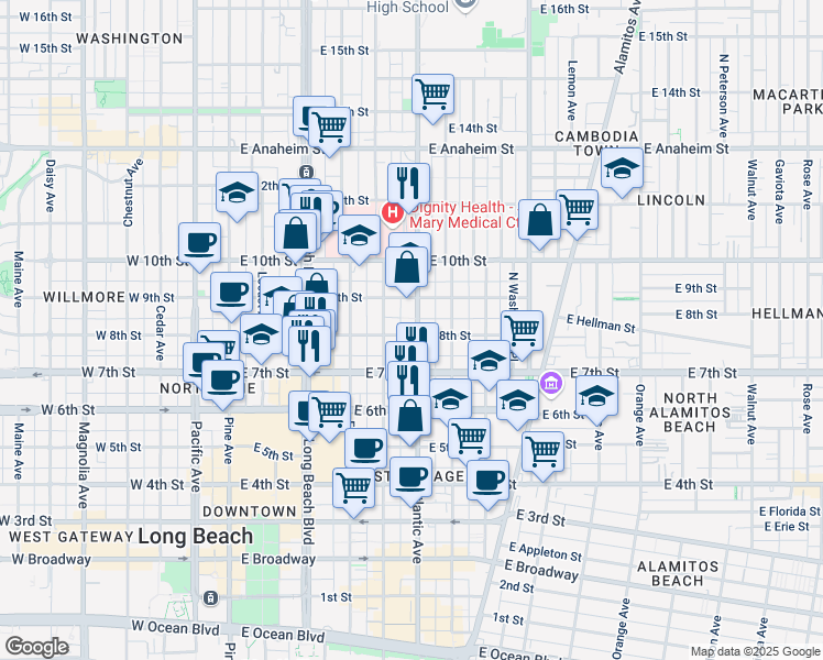 map of restaurants, bars, coffee shops, grocery stores, and more near 831 Atlantic Avenue in Long Beach