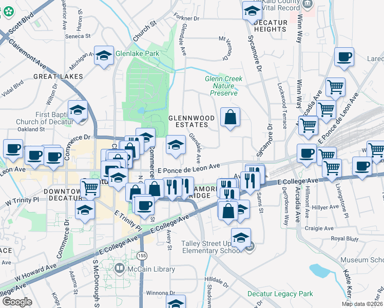 map of restaurants, bars, coffee shops, grocery stores, and more near 140 Glendale Avenue in Decatur