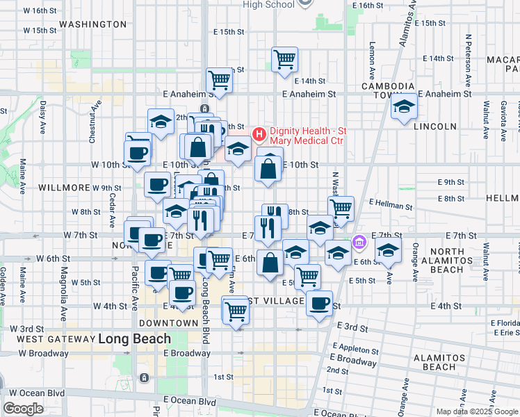 map of restaurants, bars, coffee shops, grocery stores, and more near in Long Beach