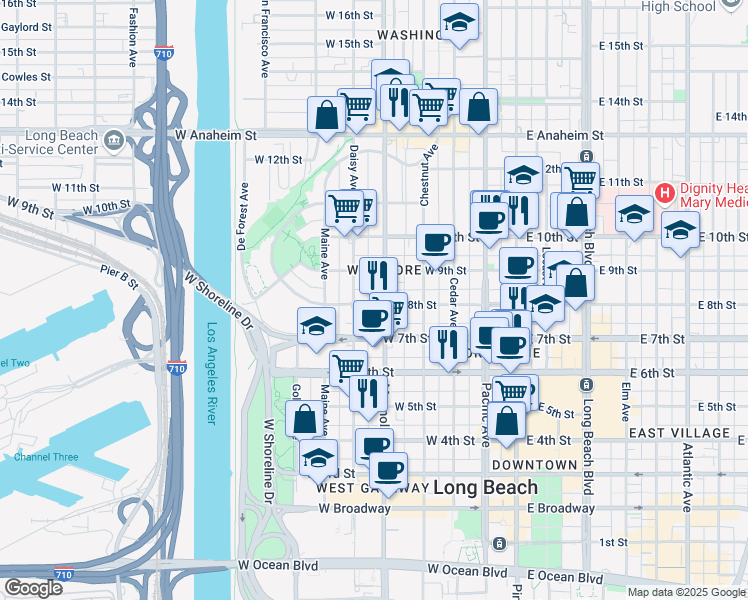 map of restaurants, bars, coffee shops, grocery stores, and more near 515 West 8th Street in Long Beach
