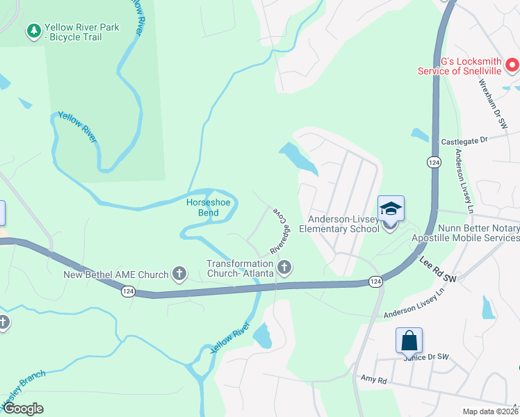 map of restaurants, bars, coffee shops, grocery stores, and more near 4635 Riveredge Cove in Snellville