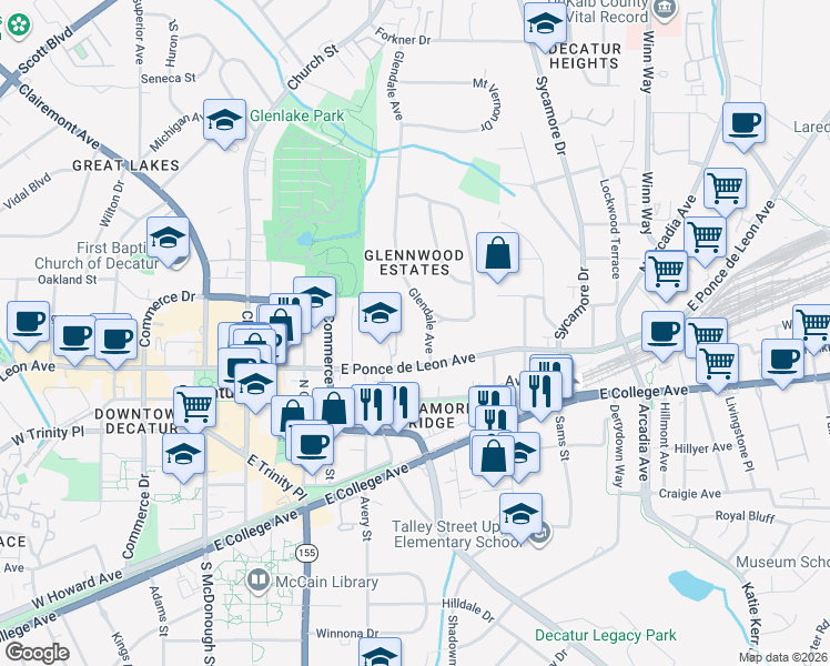 map of restaurants, bars, coffee shops, grocery stores, and more near 140 Glendale Avenue in Decatur