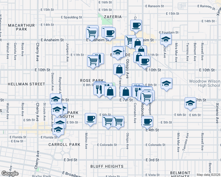 map of restaurants, bars, coffee shops, grocery stores, and more near 790 Orizaba Avenue in Long Beach