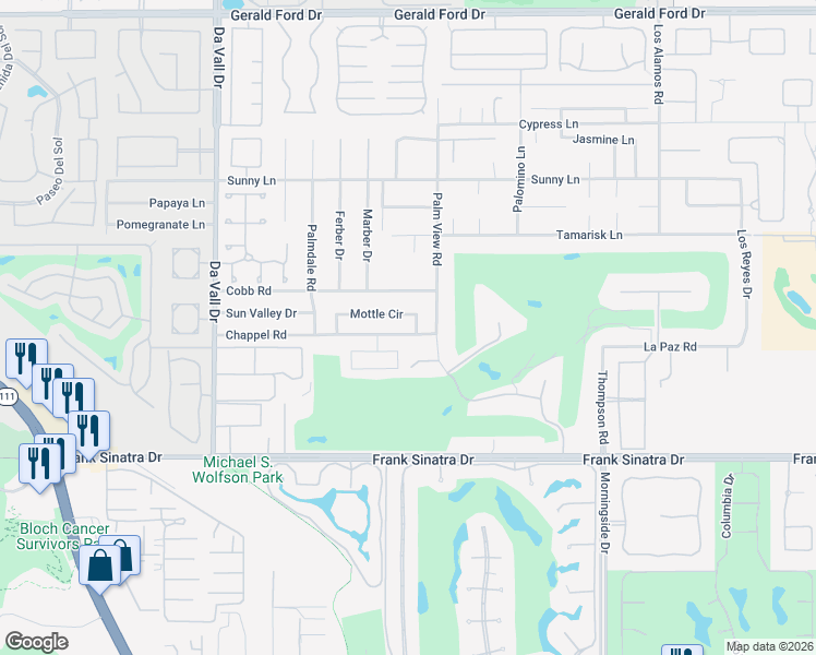 map of restaurants, bars, coffee shops, grocery stores, and more near 70445 Mottle Circle in Rancho Mirage