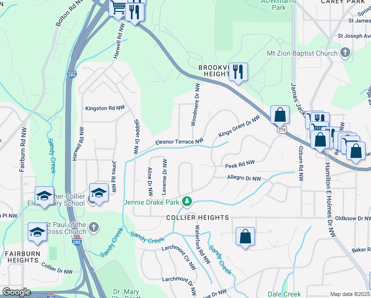 map of restaurants, bars, coffee shops, grocery stores, and more near 3036 Eleanor Terrace Northwest in Atlanta