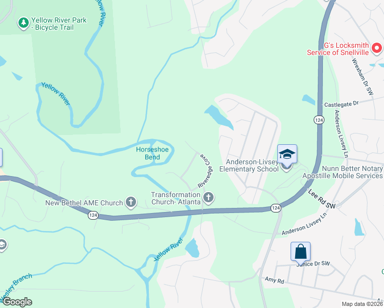 map of restaurants, bars, coffee shops, grocery stores, and more near 4635 Riveredge Cove in Snellville