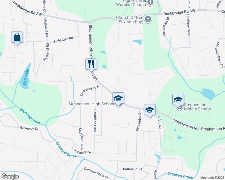 map of restaurants, bars, coffee shops, grocery stores, and more near 635 Wren Walk in Stone Mountain