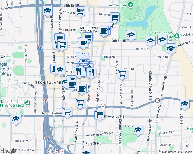 map of restaurants, bars, coffee shops, grocery stores, and more near 816 Piedmont Avenue Northeast in Atlanta