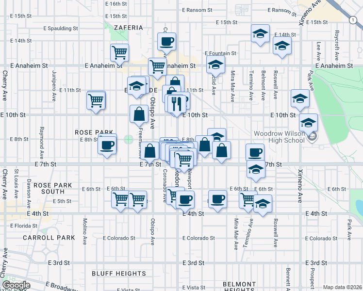 map of restaurants, bars, coffee shops, grocery stores, and more near 790 Redondo Avenue in Long Beach