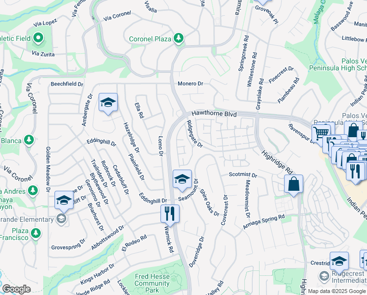 map of restaurants, bars, coffee shops, grocery stores, and more near 28410 Ridgecroft Court in Rancho Palos Verdes