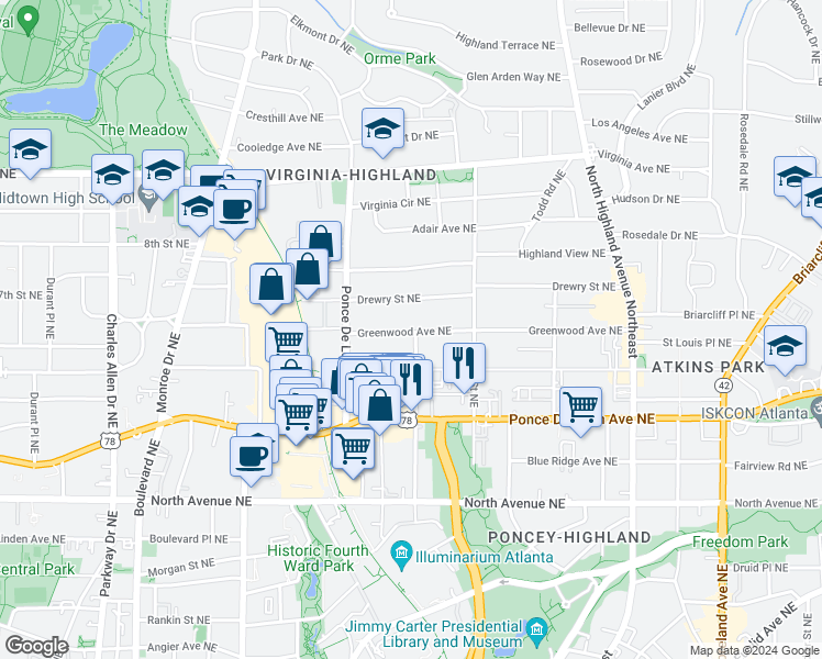 map of restaurants, bars, coffee shops, grocery stores, and more near 788 Greenwood Avenue Northeast in Atlanta