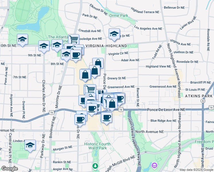 map of restaurants, bars, coffee shops, grocery stores, and more near 811 Ponce De Leon Place Northeast in Atlanta