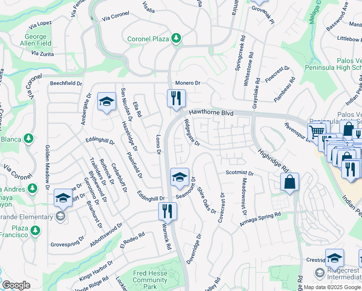 map of restaurants, bars, coffee shops, grocery stores, and more near 28121 Ridgefern Court in Rancho Palos Verdes