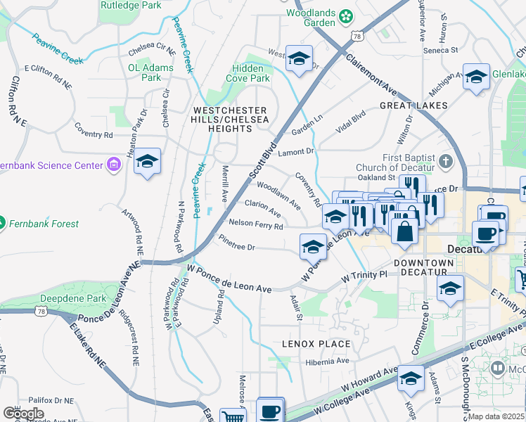 map of restaurants, bars, coffee shops, grocery stores, and more near 218 Clarion Avenue in Decatur