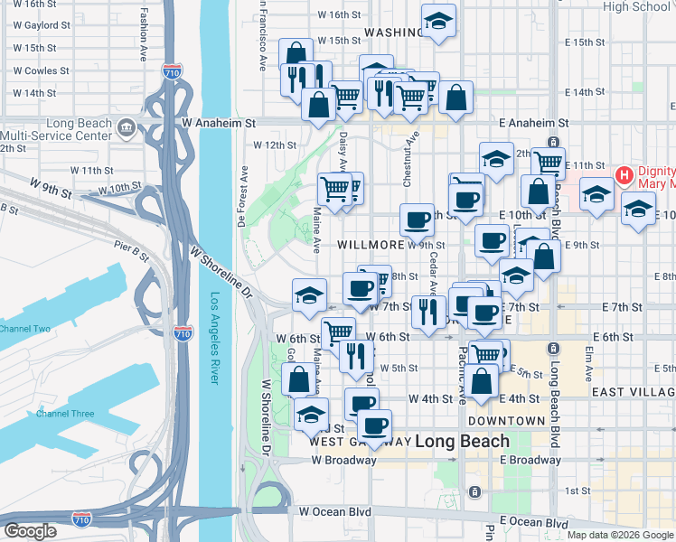 map of restaurants, bars, coffee shops, grocery stores, and more near 803 Daisy Avenue in Long Beach
