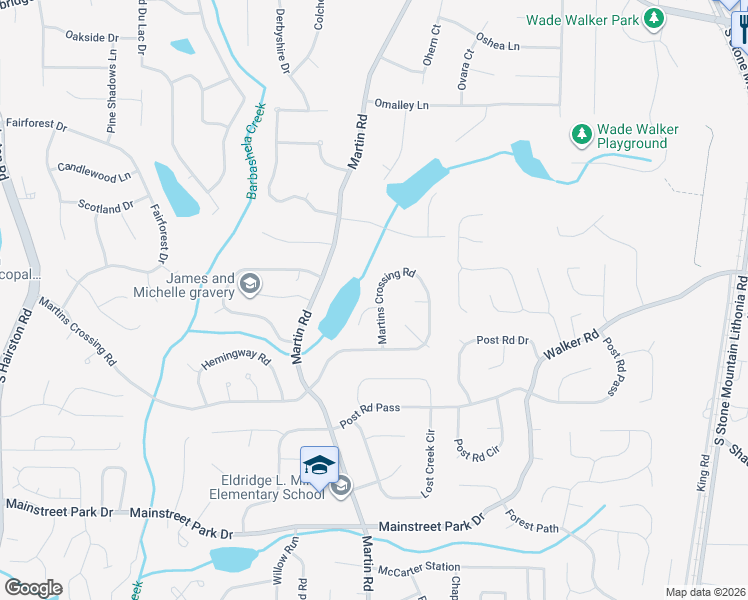 map of restaurants, bars, coffee shops, grocery stores, and more near 5449 Martins Crossing Road in Stone Mountain
