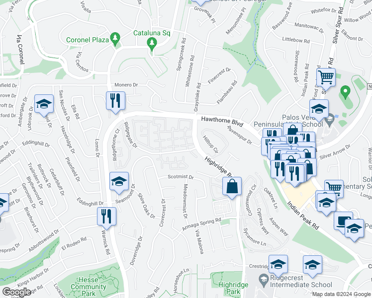 map of restaurants, bars, coffee shops, grocery stores, and more near 28025 Ridgebrook Court in Rancho Palos Verdes