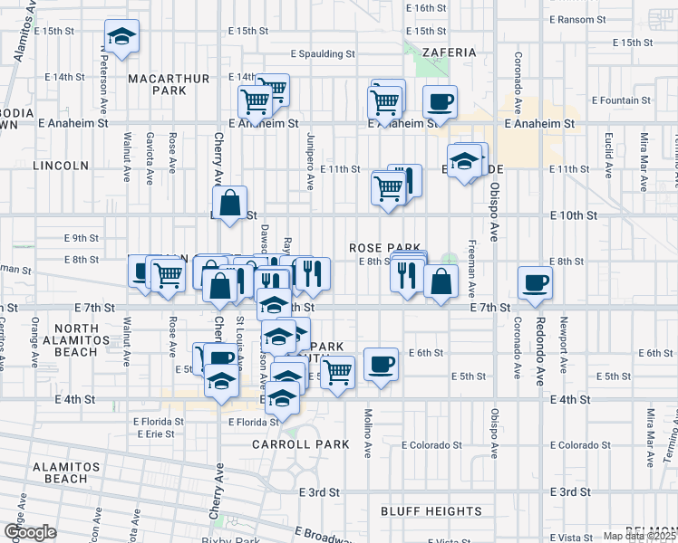 map of restaurants, bars, coffee shops, grocery stores, and more near 776 Stanley Avenue in Long Beach