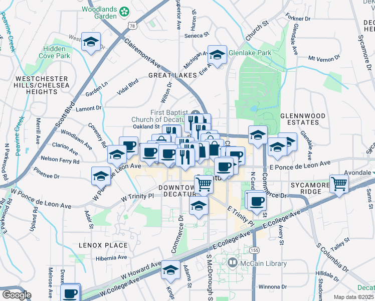 map of restaurants, bars, coffee shops, grocery stores, and more near in Decatur