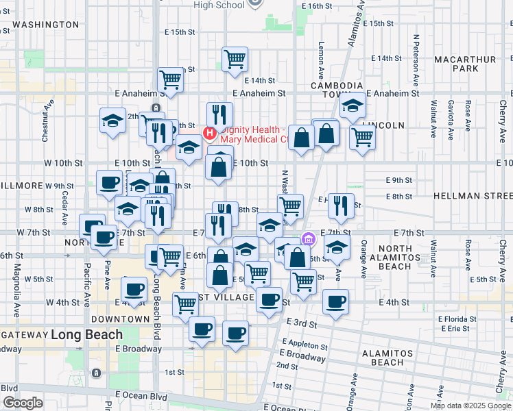 map of restaurants, bars, coffee shops, grocery stores, and more near 820 Lime Avenue in Long Beach