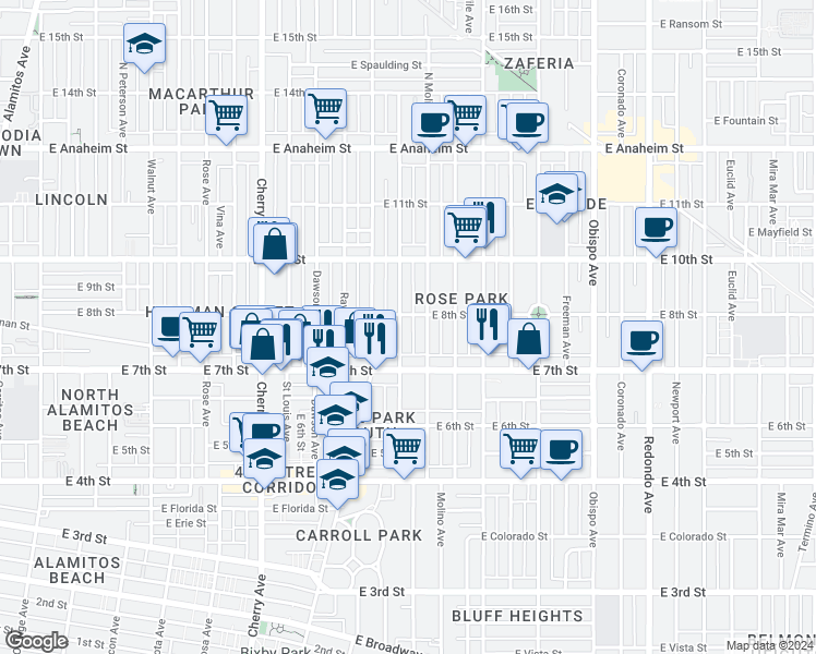 map of restaurants, bars, coffee shops, grocery stores, and more near 776 Stanley Avenue in Long Beach
