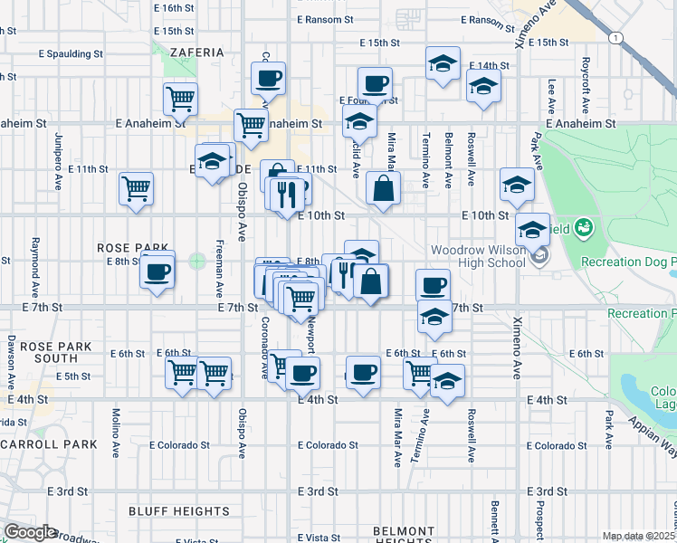 map of restaurants, bars, coffee shops, grocery stores, and more near 776 Loma Avenue in Long Beach