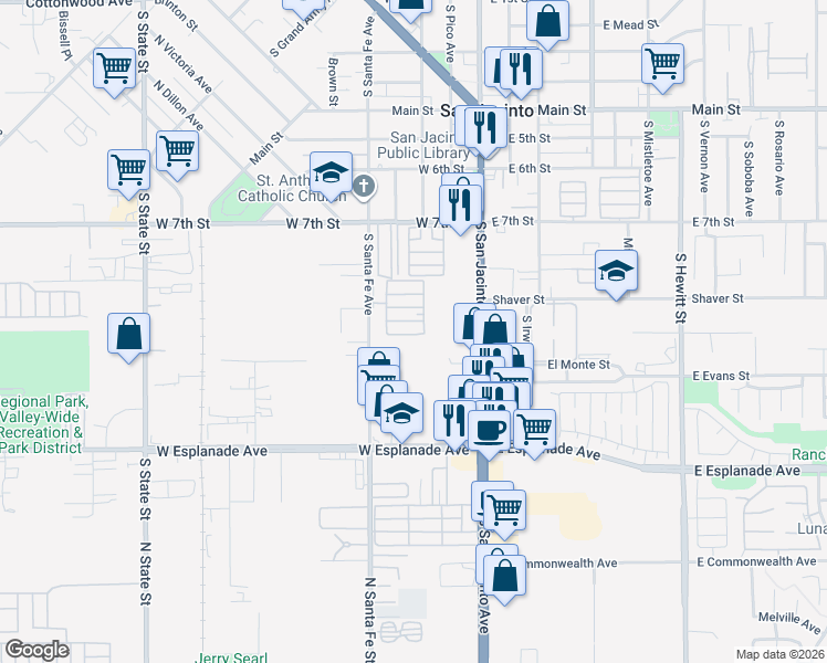 map of restaurants, bars, coffee shops, grocery stores, and more near 999 South Santa Fe Avenue in San Jacinto