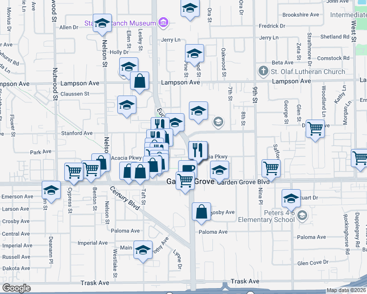 map of restaurants, bars, coffee shops, grocery stores, and more near in Garden Grove