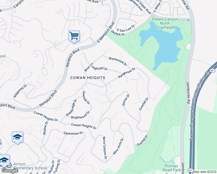 map of restaurants, bars, coffee shops, grocery stores, and more near 10072 Rangeview Drive in Santa Ana