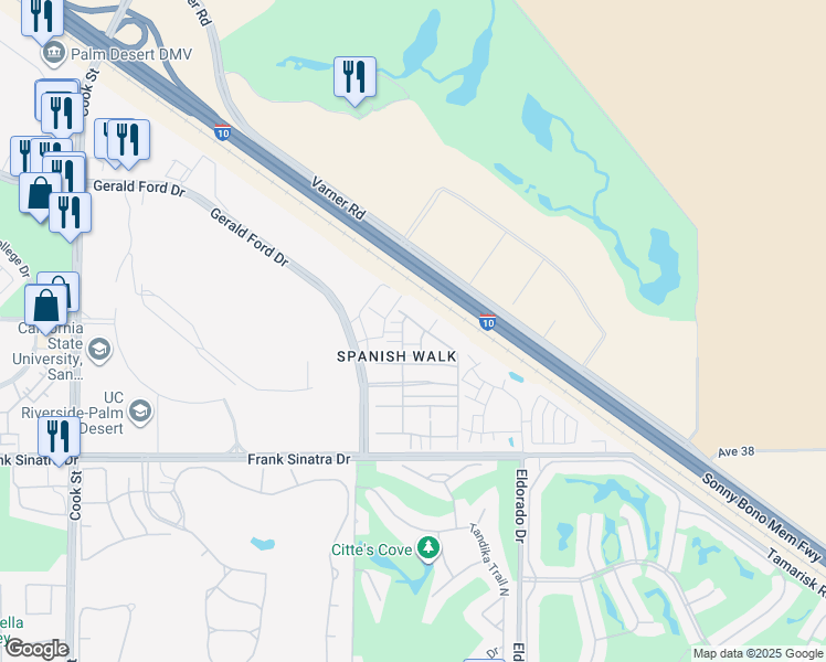 map of restaurants, bars, coffee shops, grocery stores, and more near 205 Paseo Gregario in Palm Desert