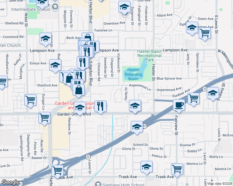 map of restaurants, bars, coffee shops, grocery stores, and more near 12791 Chaparral Drive in Garden Grove