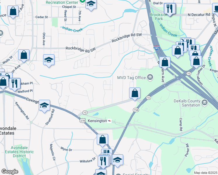 map of restaurants, bars, coffee shops, grocery stores, and more near 613 Harrington Hills in Decatur
