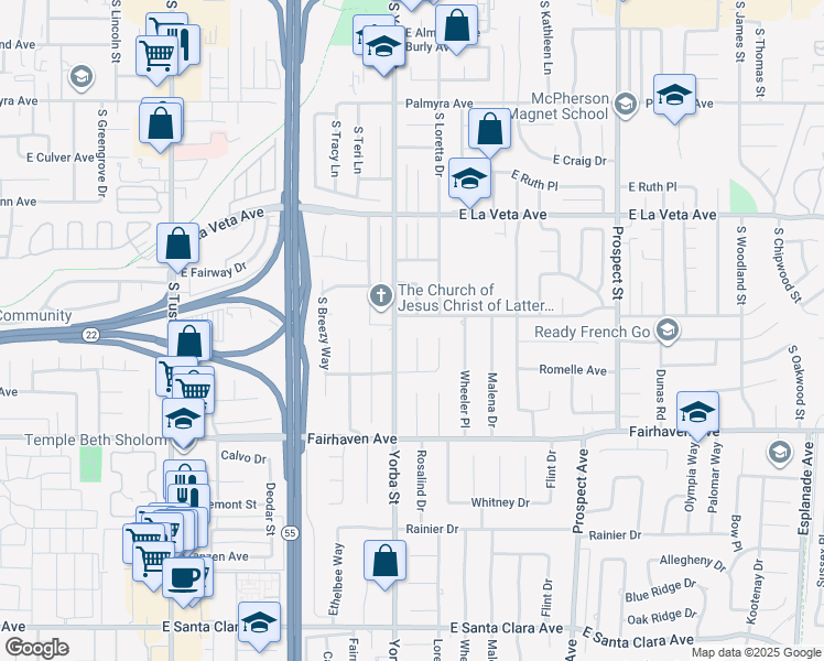 map of restaurants, bars, coffee shops, grocery stores, and more near 706 South Rosalind Drive in Orange